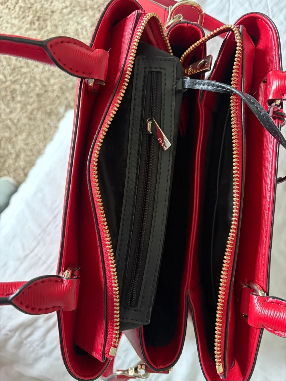 DKNY Cherry Red Saffiano Leather Satchel Bag with Gold Hardware